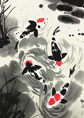Ink Wash Painting of Koi Fish