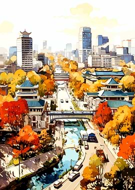 Autumn Cityscape with Traditional Architecture