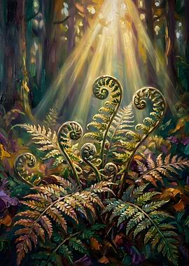 Sunlit Fiddlehead Ferns in Forest
