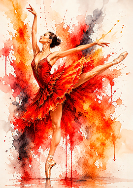 Watercolor Ballerina in Red Dress