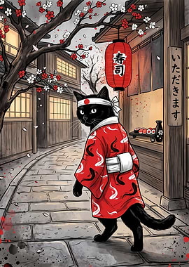 Black Cat in Traditional Japanese Kimono