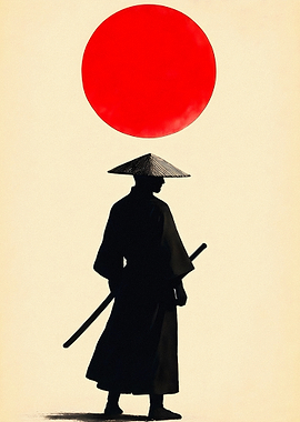 Minimalist Samurai Silhouette with Red Sun