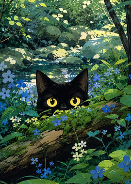 Black Cat Peeking from Forest Flowers