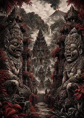 Ancient Balinese Temple with Volcano