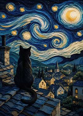 Black Cat Watching Starry Night