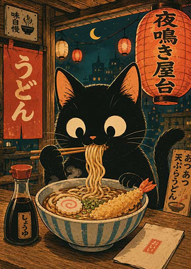 Black Cat Eating Ramen