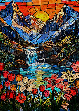 Stained Glass Mountain Landscape with Flowers