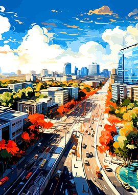 Vibrant Cityscape with Autumn Trees