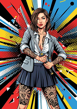 Tattooed Woman Holding Katana Pop Art