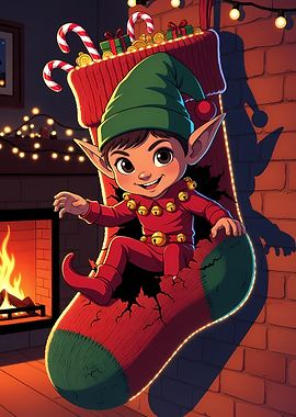Cute Christmas Elf in Stocking