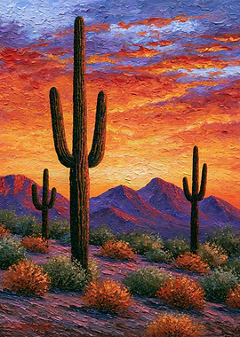 Saguaro Desert Sunset with Fiery Mountain Sky