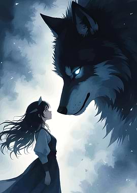 Anime Girl Facing Giant Spirit Wolf