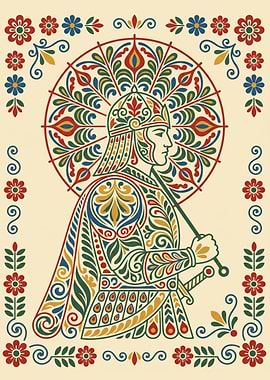 Traditional Nordic Kurbits Folk Art Knight Illustration