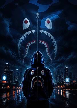 Bape Shark Hoodie City Night Poster