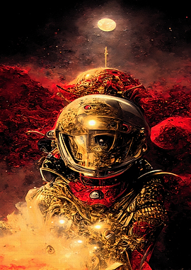 Golden Astronaut in Red Nebula