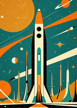 Retro Rocket Fleet – Mid-Century Space Poster in Teal & Orange