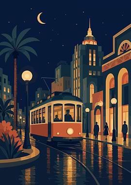 Art Deco Vintage Streetcar Night City