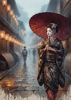 Geisha walking in rainy Kyoto street