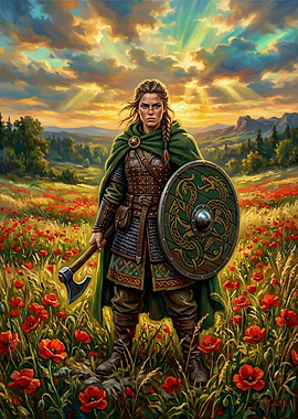 Viking Shieldmaiden in Poppy Field