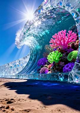 Crystal Ice Wave with Vibrant Coral