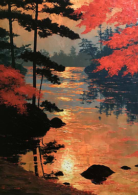 Crimson Autumn Lake at Golden Sunset
