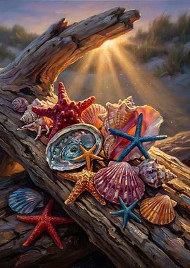 Seashells and Starfish on Driftwood