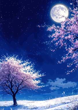 Cherry Blossom Tree Under Full Moon