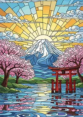 Stained Glass Mount Fuji Landscape