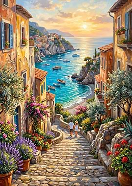 Couple Walking Down Italian Coastal Stairs