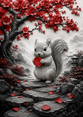 Cute Squirrel with Red Petals