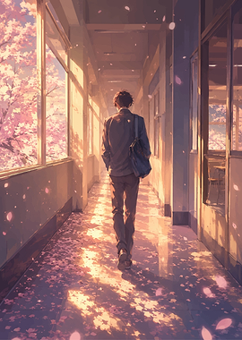 Anime Boy Walking Through School Hallway