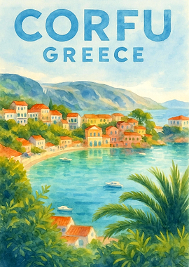 Corfu Greece Vintage Travel Poster | Watercolor Mediterranean Bay Wall Art