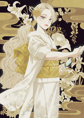 Elegant Woman in White Kimono with Sword