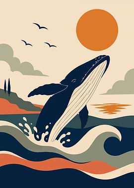 Minimalist Whale Sunset Landscape Boho Art