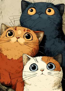 Three Cute Cats Looking Up Retro Illustration