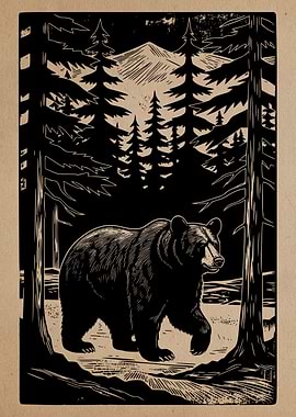 Woodcut Style Bear in Forest