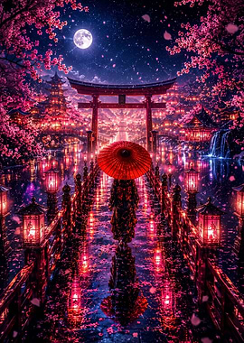 Person with Red Umbrella at Night