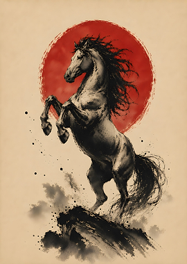 Majestic Rearing Horse Red Sun Ink Wash Art