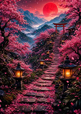 Cherry Blossom Path to Torii Gate
