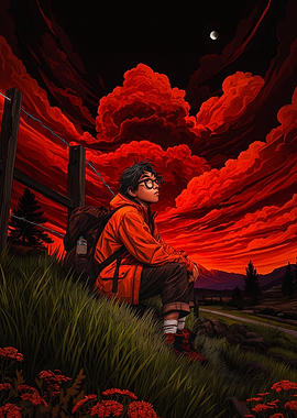 Boy Sitting Under Crimson Sky
