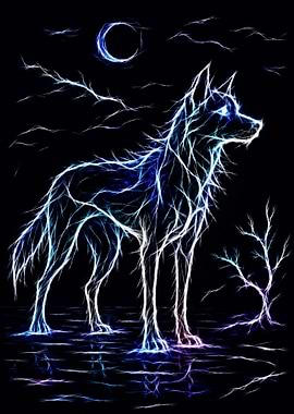 Neon Fractal Wolf Under Moonlight