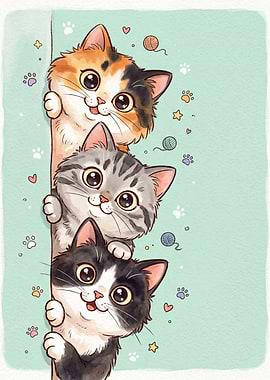 Cute Cats Peeking Funny Kawaii Art