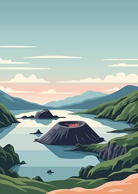 Volcanic Island Landscape Illustration
