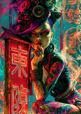 Neon Cyberpunk Geisha Portrait