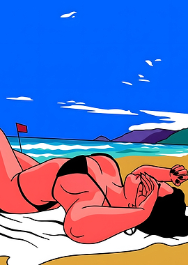 Woman Sunbathing on Beach Pop Art