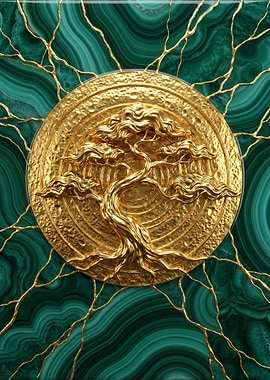 Golden Bonsai on Malachite Background