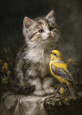 Cute Calico Kitten with Yellow Bird