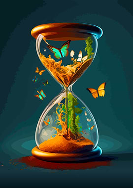 Surreal Hourglass with Butterflies and Nature