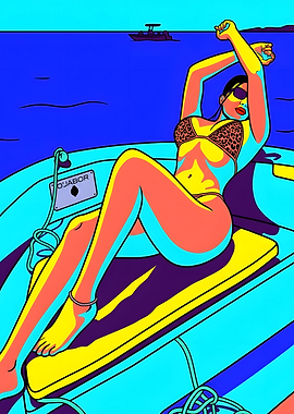 Pop Art Woman Relaxing on Boat
