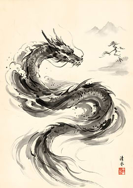 Traditional Ink Wash Dragon Painting
